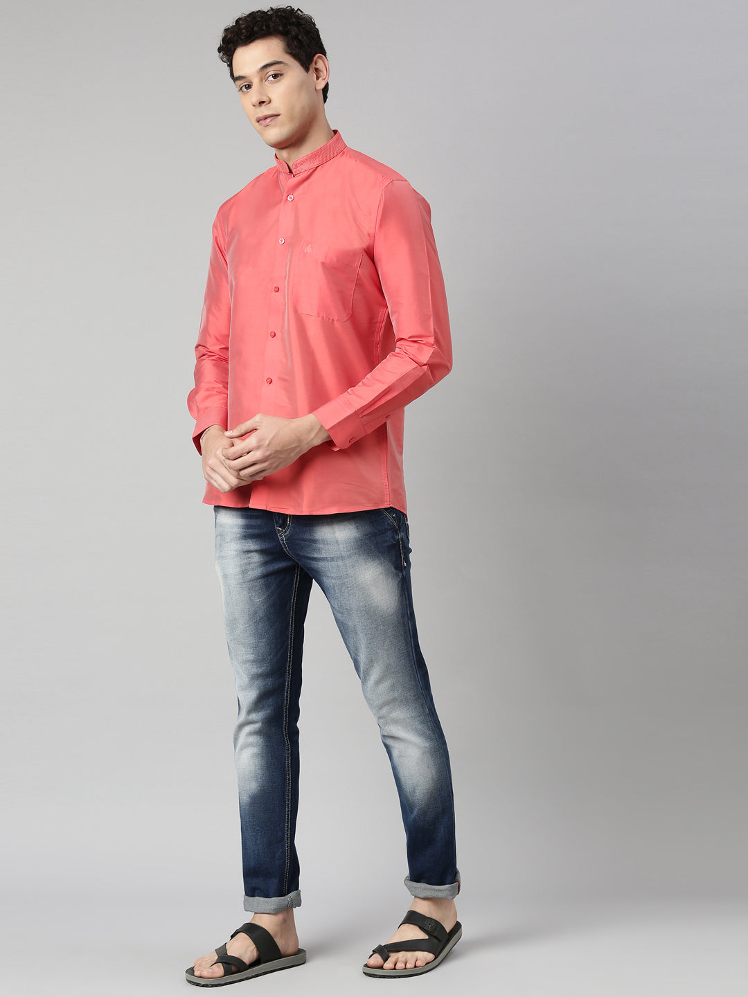 Peach Color Art Silk Slim Fit Solid Party Shirt