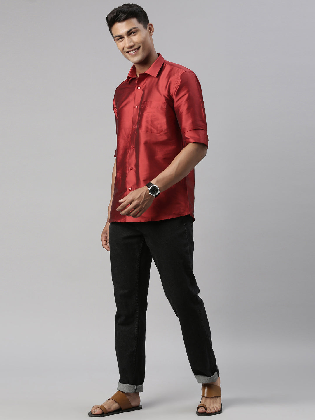Tattva Mens Red Colour Solid Party Shirt