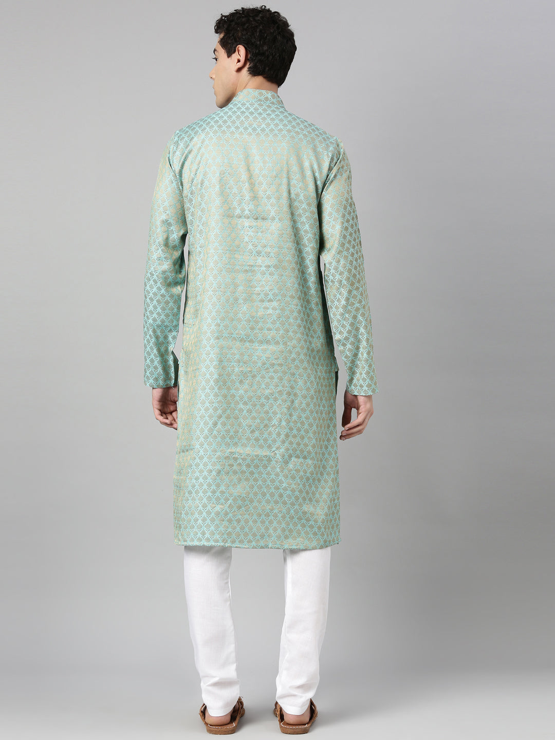 Buy Tattva Blue Long Kurta with Mandarin Collar - Back View - Tattva.Life