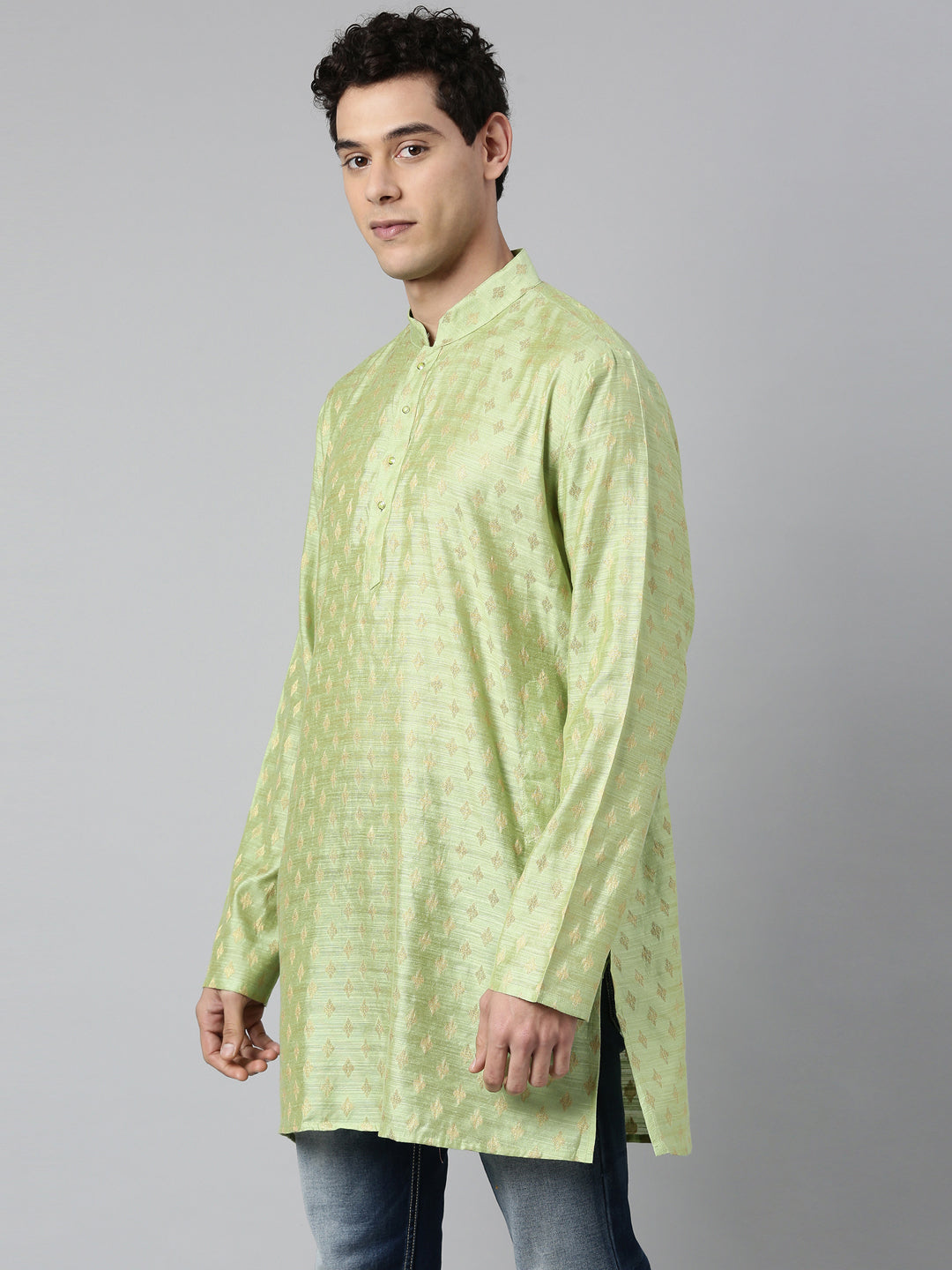 Buy Tattva Green Short Kurta with Golden Pattern with Madarin Collar - Side View - Tattva.Life