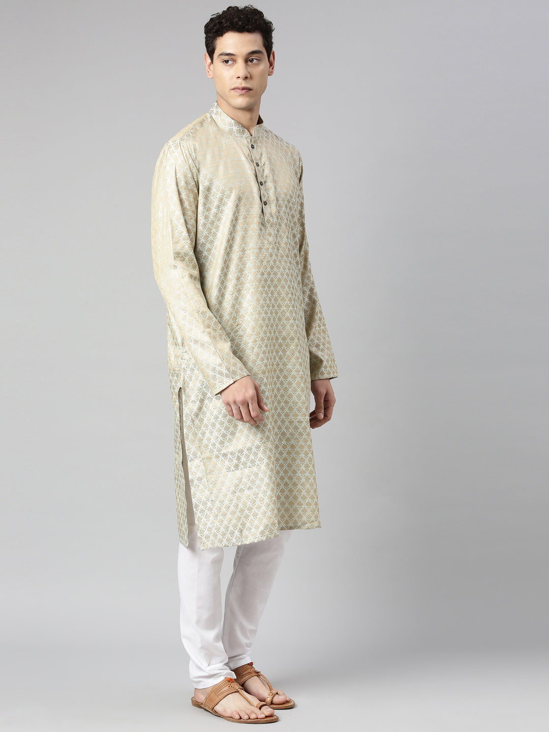 Buy Tattva Olive Long Kurta with Mandarin Collar - Side View 1 -  Tattva.Life