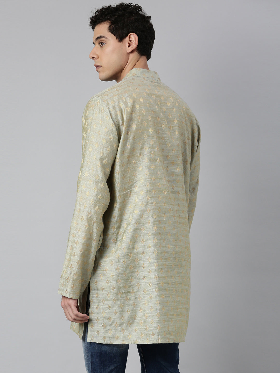 Buy Tattva Olive Short Kurta with Golden Pattern with Madarin Collar - Back View - Tattva.Life