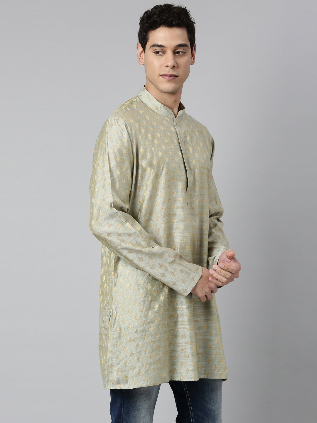 Buy Tattva Olive Short Kurta with Golden Pattern with Madarin Collar - Side View 1 - Tattva.Life