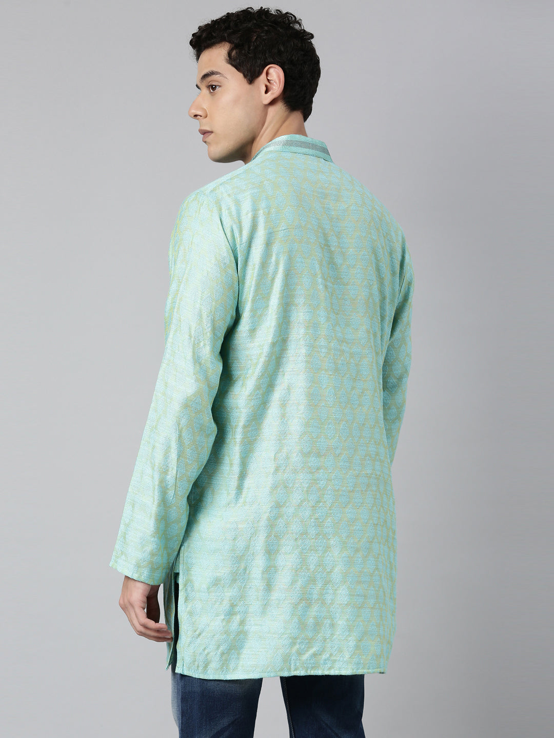 Buy Tattva Printed Blue Short Kurta with Madarin Collar - Back View - Tattva.Life