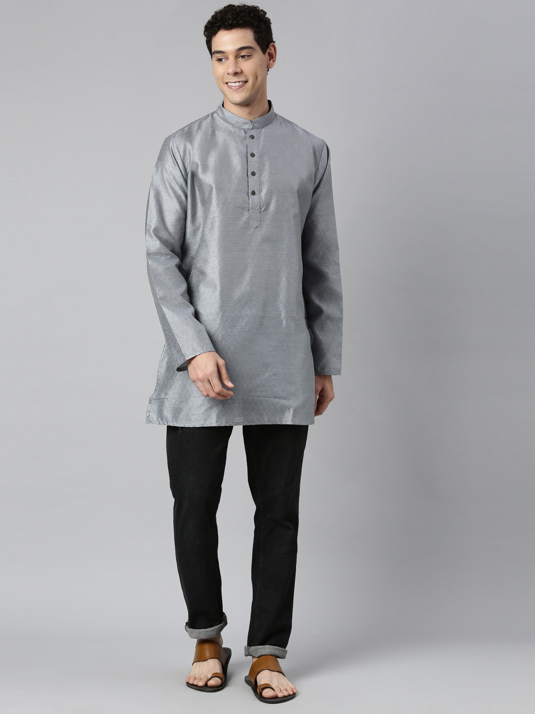 Buy Tattva Solid Silver Short Kurta with Madarin Collar - Full View - Tattva.Life