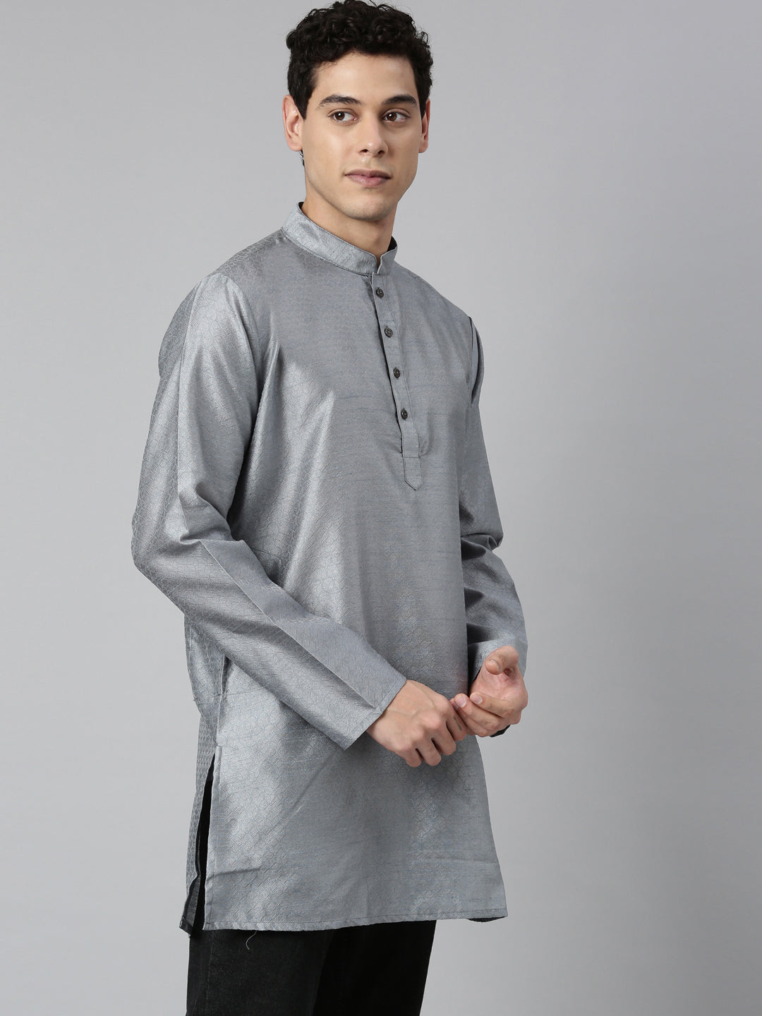 Buy Tattva Solid Silver Short Kurta with Madarin Collar - Side View 1 - Tattva.Life