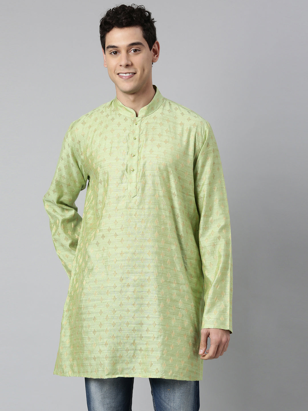 Buy Tattva Green Short Kurta with Golden Pattern with Madarin Collar - Tattva.Life