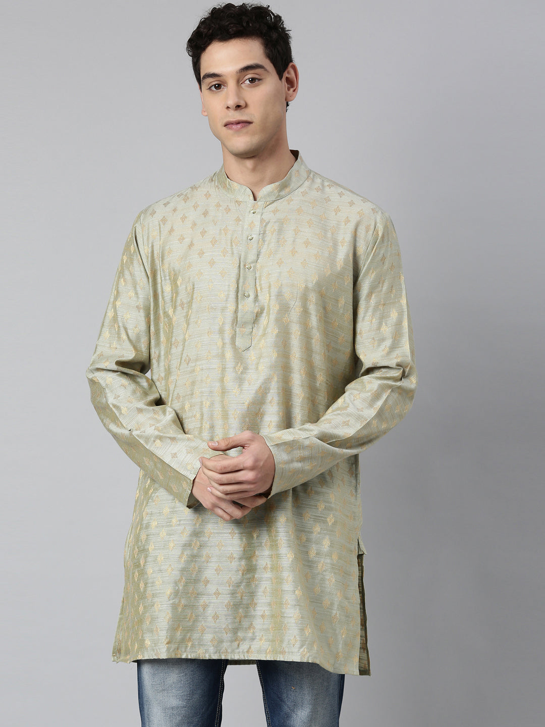 Buy Tattva Olive Short Kurta with Golden Pattern with Madarin Collar - Tattva.Life