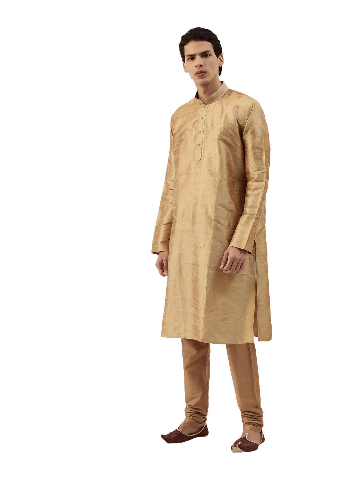 Gold-Toned Pure Raw Silk Straight Long Kurta