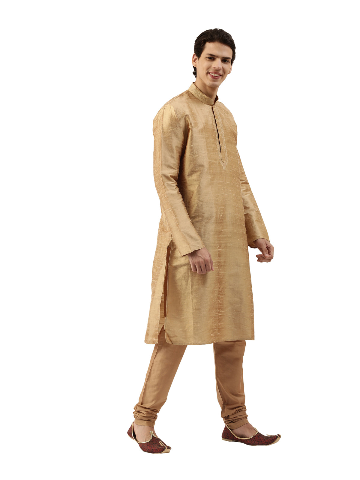 Gold-Toned Pure Raw Silk Straight Long Kurta