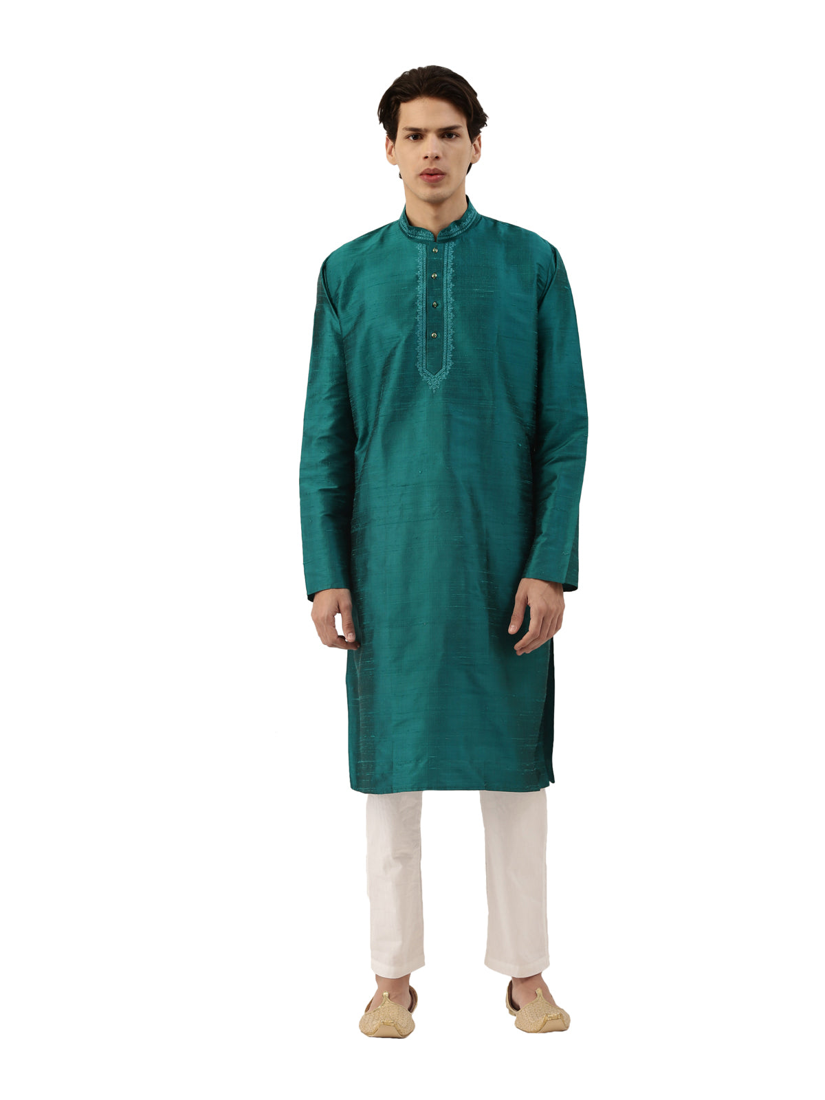 Dark Green Pure Raw Silk Long Solid Kurta