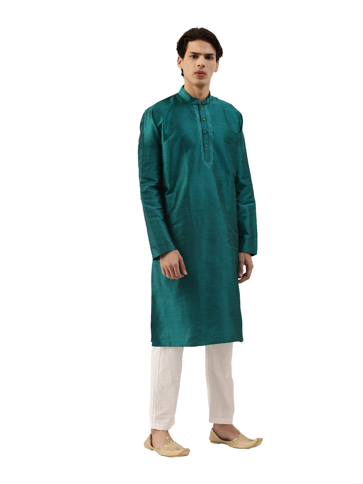 Dark Green Pure Raw Silk Long Solid Kurta