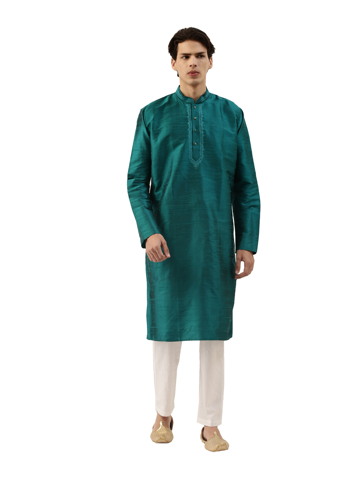 Dark Green Pure Raw Silk Long Solid Kurta