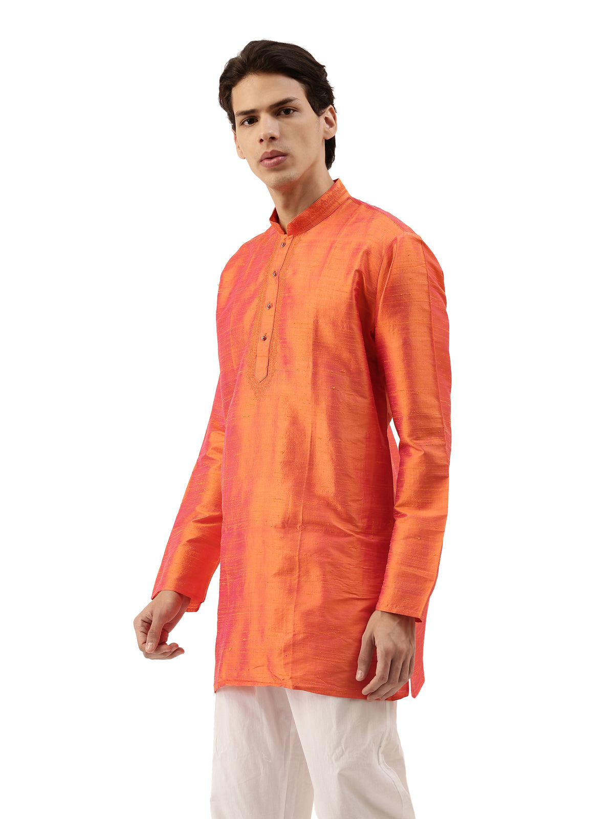 Buy Orange Pure Raw Silk Solid Straight Short Kurta - Tattva.Life