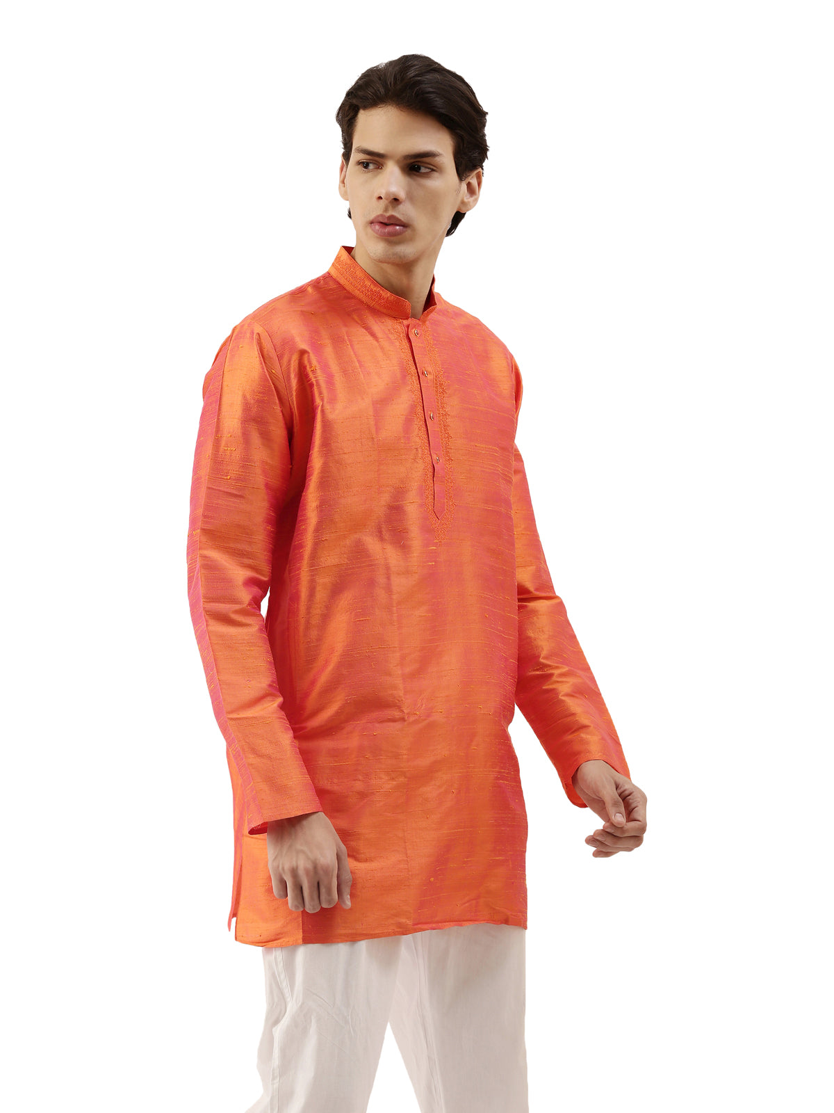 Orange Pure Raw Silk Solid Straight Short Kurta