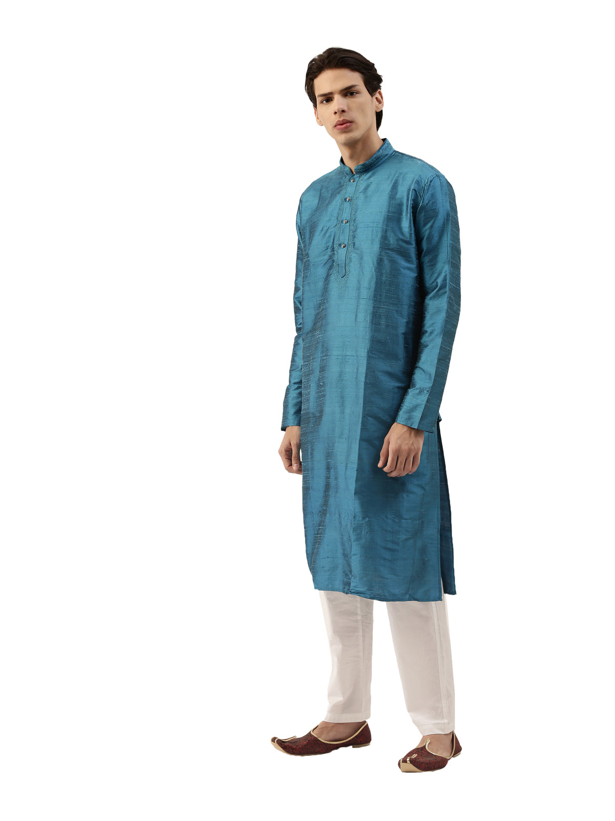 Blue Pure Raw Silk Straight Long Kurta