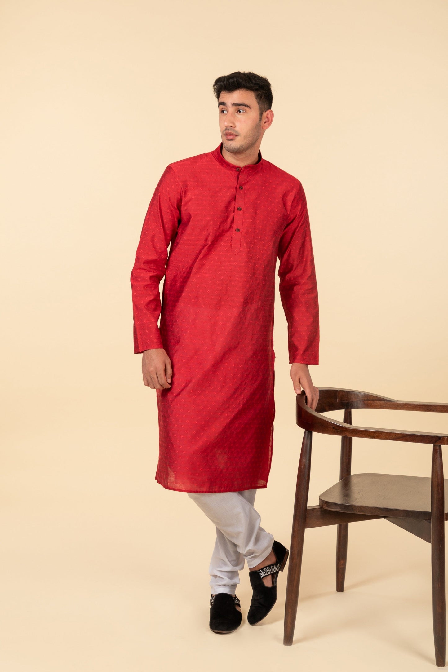 Buy Red Self Woven with Flower Design Kurta - Tattva.Life