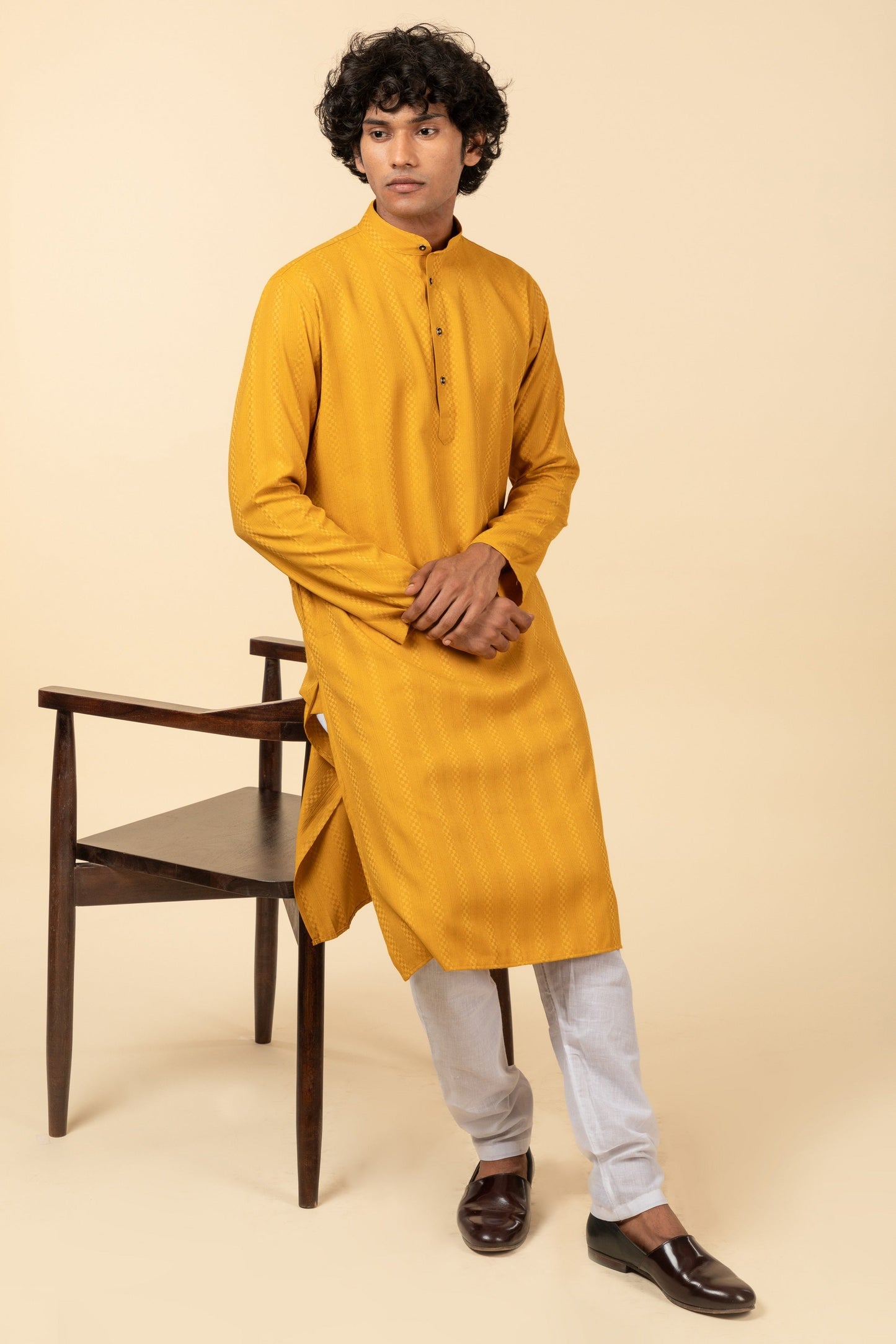 Buy Yellow Self Woven with Square Pattern Kurta - Tattva.Life