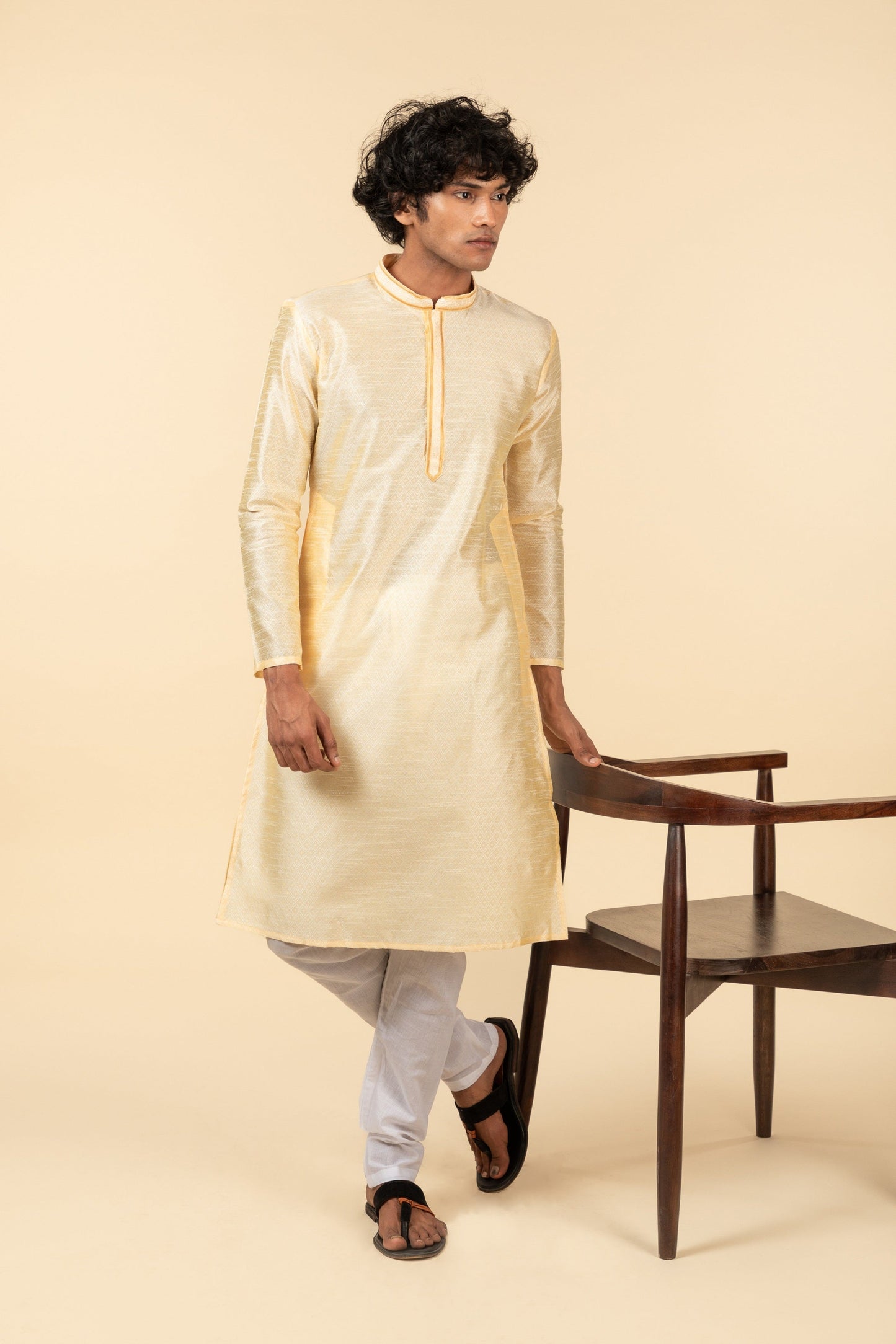 Buy Beige Jacquard with Pattern Long Kurta - Tattva.Life
