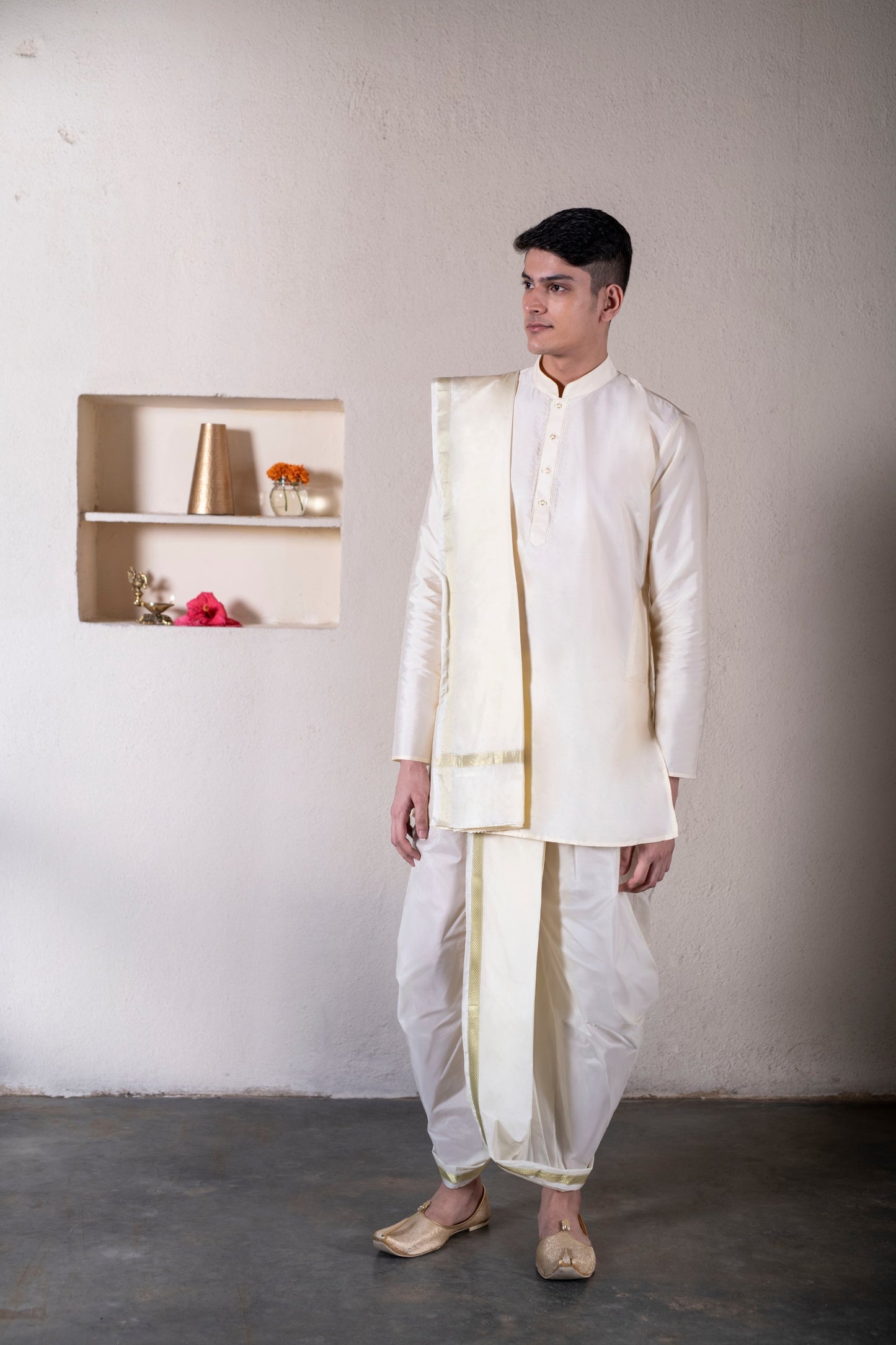 Buy Cream-Colored Silk Mix Kurta Dhoti Set - Tattva.Life