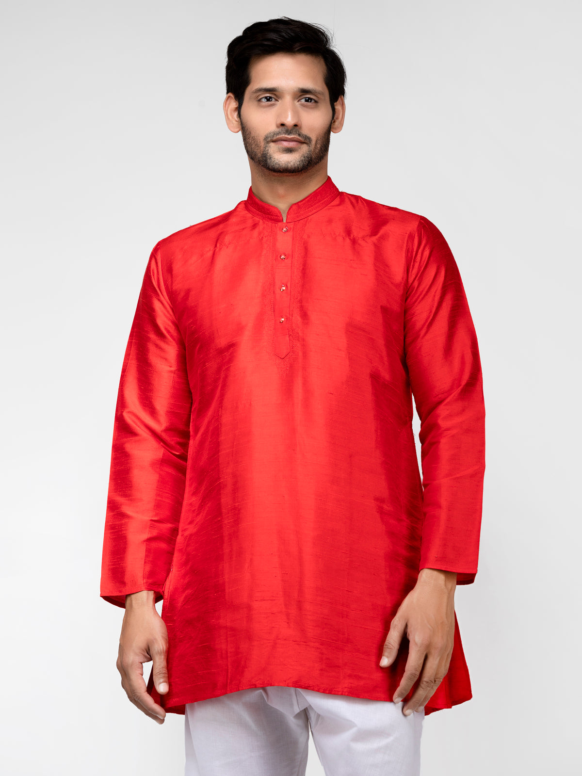 Red Pure Raw Silk Solid Straight Short Kurta