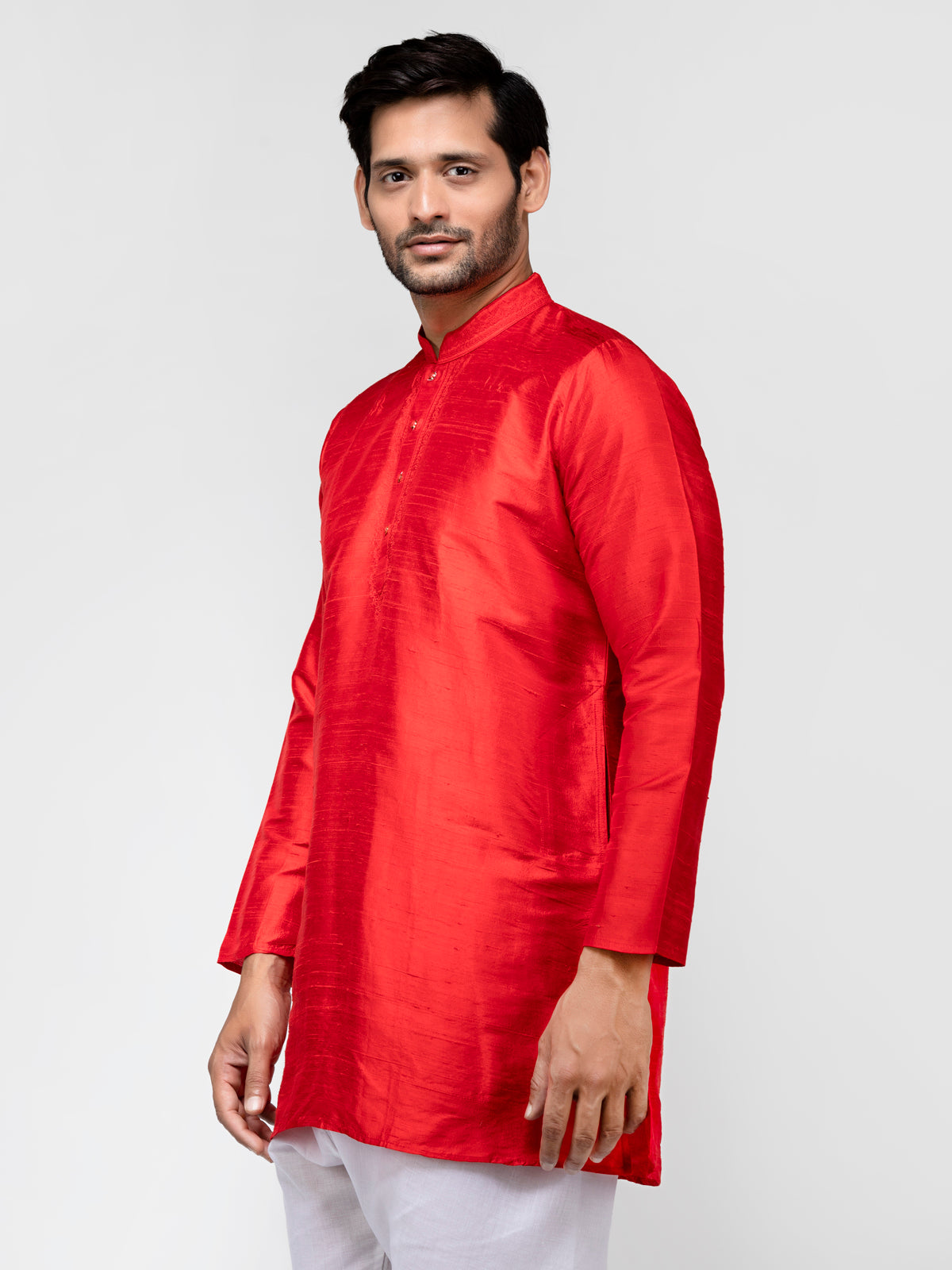 Red Pure Raw Silk Solid Straight Short Kurta