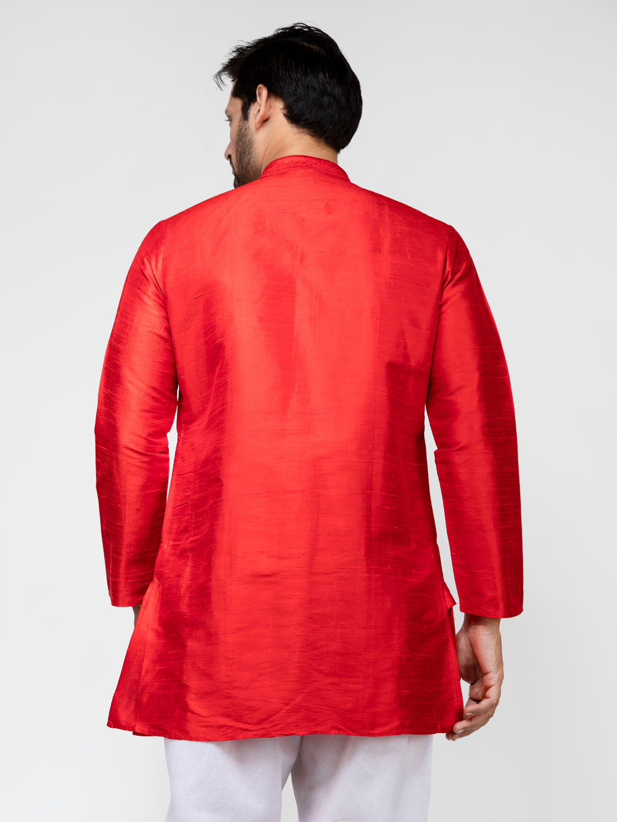 Red Pure Raw Silk Solid Straight Short Kurta