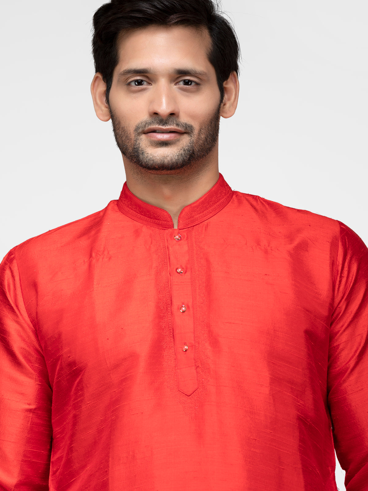 Red Pure Raw Silk Solid Straight Short Kurta