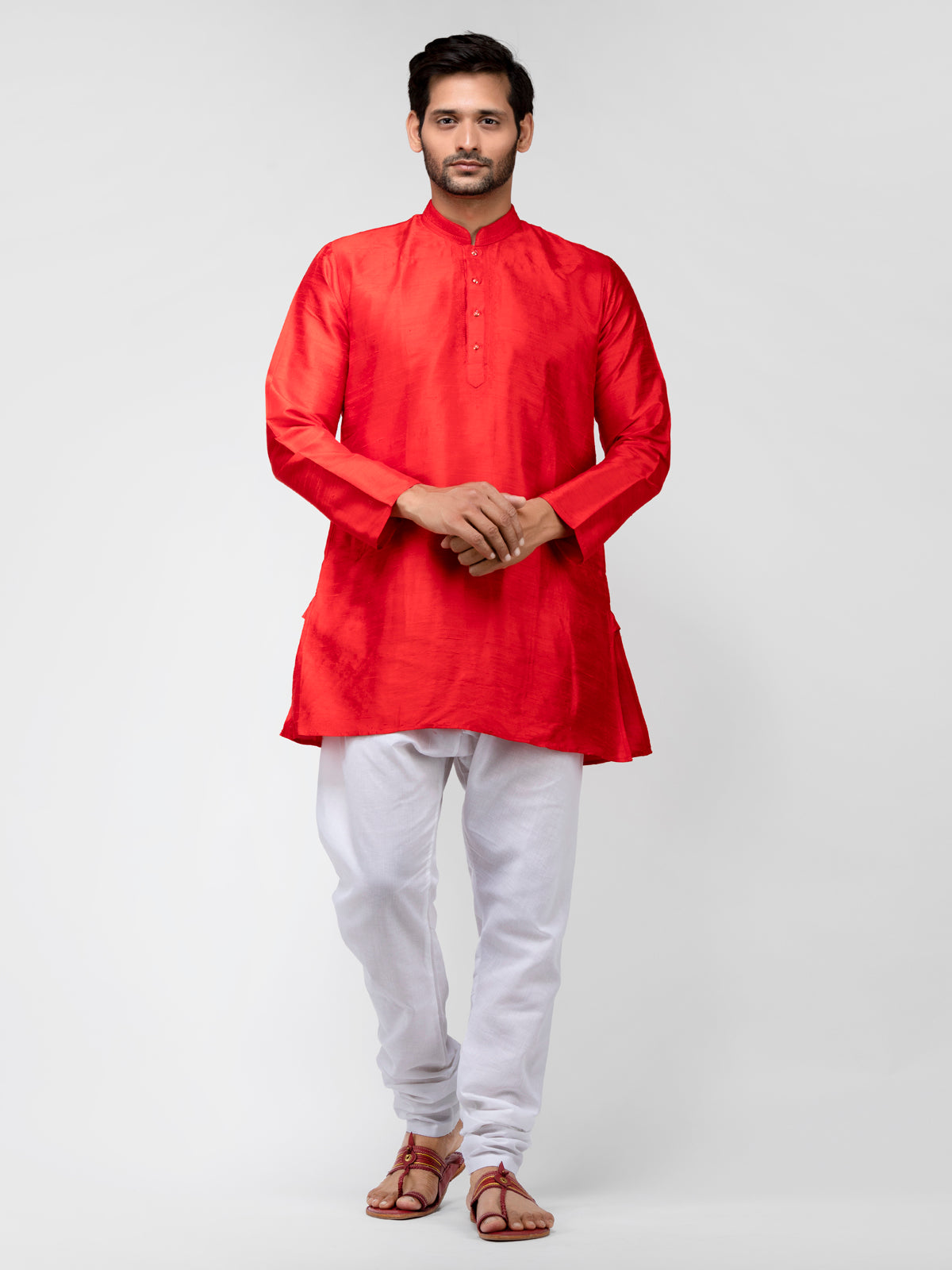 Buy Red Pure Raw Silk Solid Straight Short Kurta - Tattva.Life