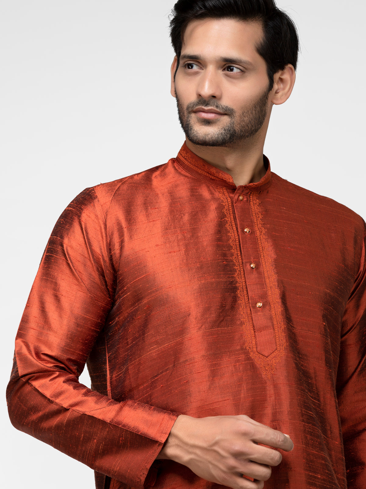 Brown Pure Raw Silk Solid Straight Long Kurta