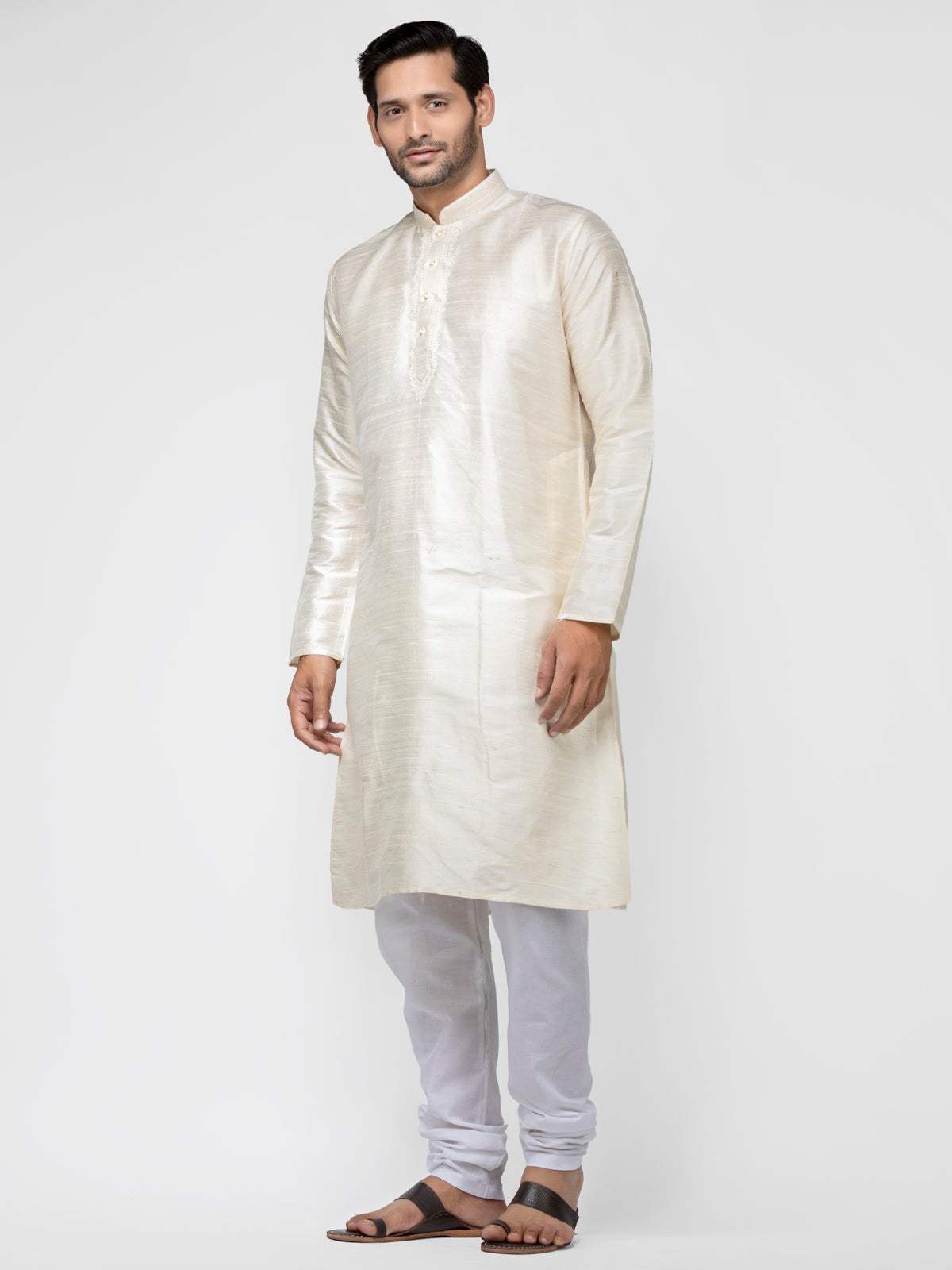 Cream Colored Pure Raw Silk Long Solid Kurta