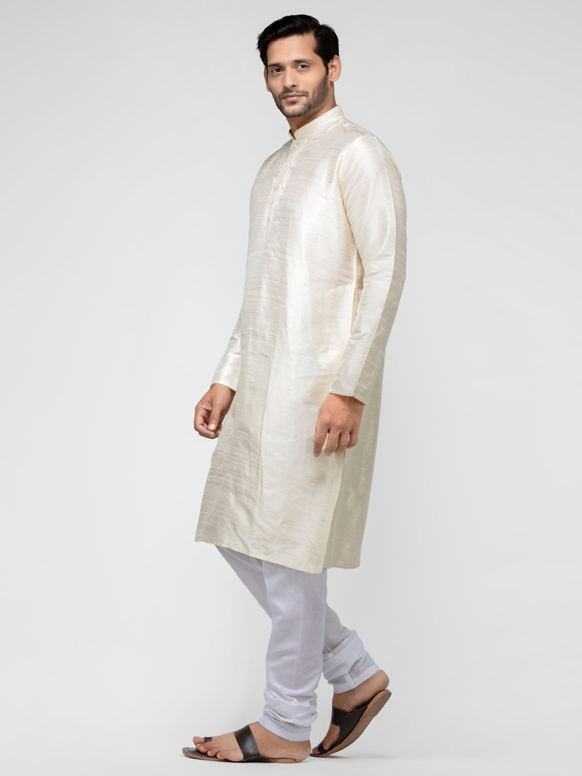 Cream Colored Pure Raw Silk Long Solid Kurta