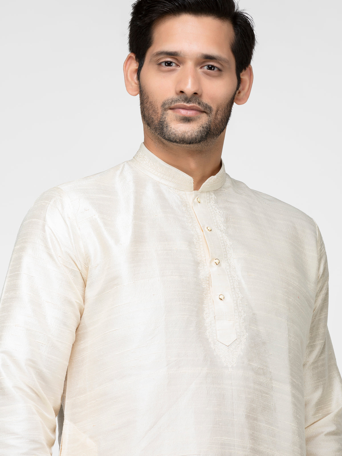 Cream Colored Pure Raw Silk Long Solid Kurta