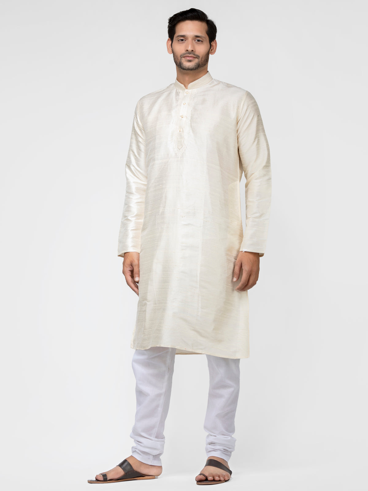 Buy Cream Colored Pure Raw Silk Long Solid Kurta - Tattva.Life